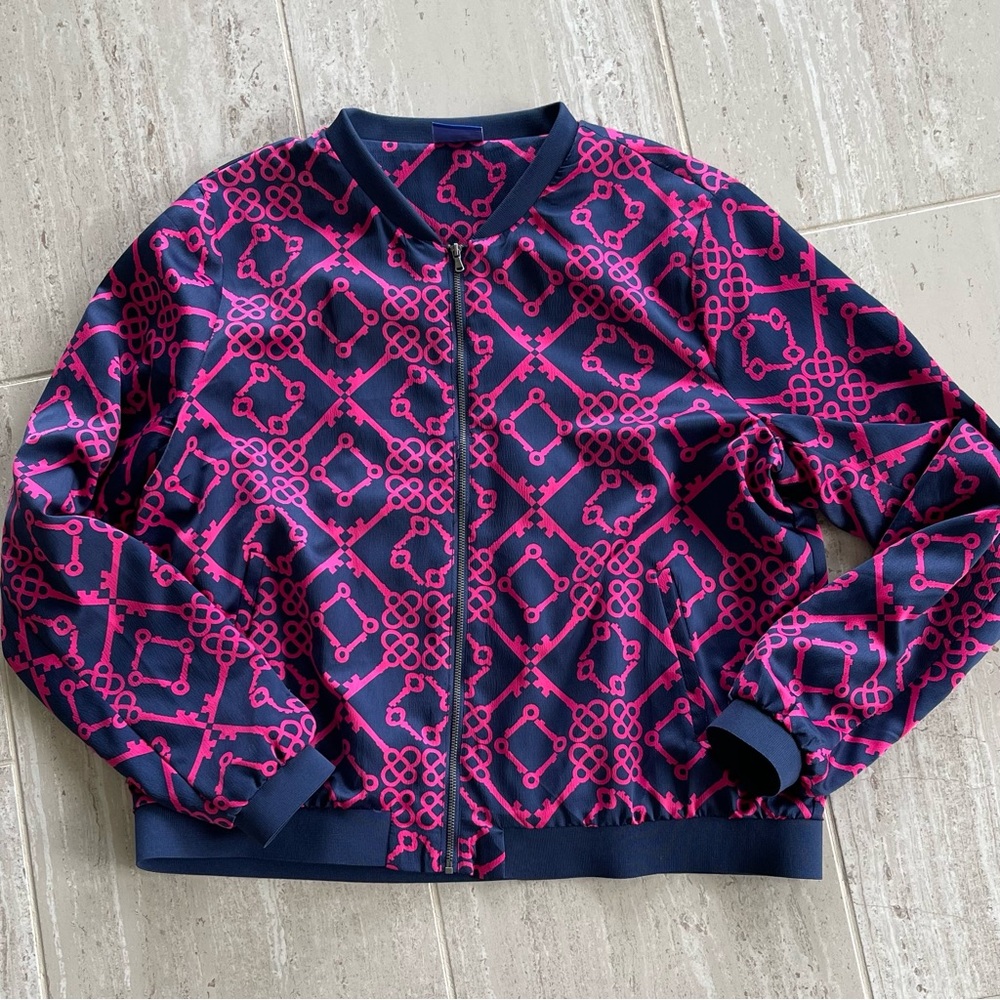Le Tigre Bomber Jacket XL Navy Pink Key Chain Print Full Zip Silky Lightweight